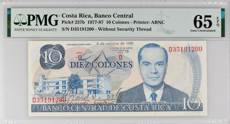 1970-87 Costa Rica (2) 10 Colones PMG 64 & 65, P-230b/P-237b, One without Security Thread, 2 NOTES