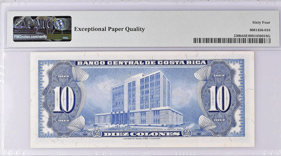 1970-87 Costa Rica (2) 10 Colones PMG 64 & 65, P-230b/P-237b, One without Security Thread, 2 NOTES