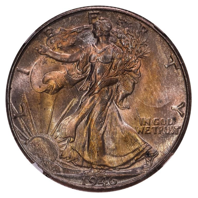 1946-D Walking Liberty Silver Half Dollar NGC MS67 Bronze Toned Semi-PL Reverse