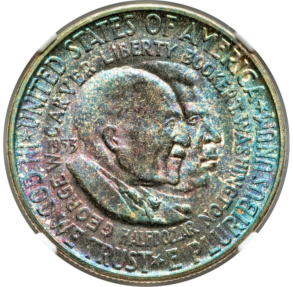 1953-S Silver Half Dollar Washington Carver NGC MS67 Insane Rainbow Tone