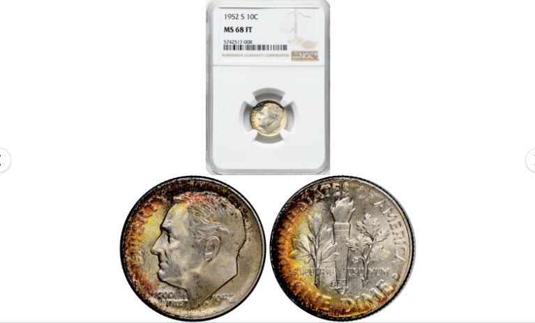 1952-S Silver Roosevelt Dime 10c NGC MS68FT Rainbow Toning Lustrous Crossover