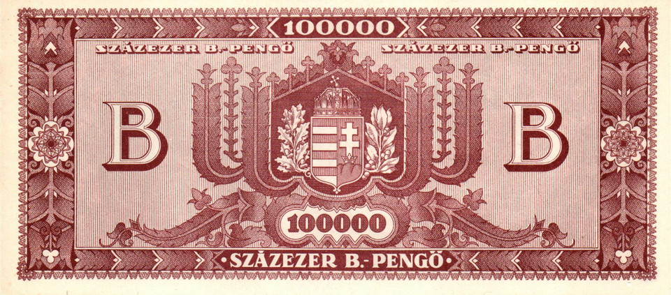1946 HUNGARY 100000 B-PENGO Banknote (100 Quadrillion) P-133 Hyperinflation 1946 RARE UNC