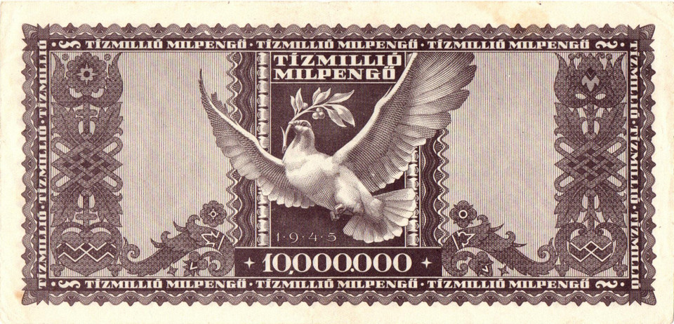 1946 Hungarian 10,000,000 Milpengő (10 Trillion Pengo) P-129 Hyperinflation Banknote USED VF