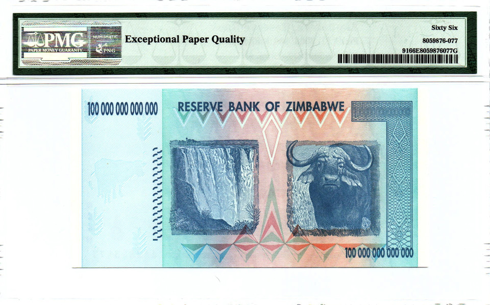 Zimbabwe 100 Trillion Dollars 2008 AA P-91 Banknote PMG 66 Gem Uncirculated EPQ Rare Zim Currency