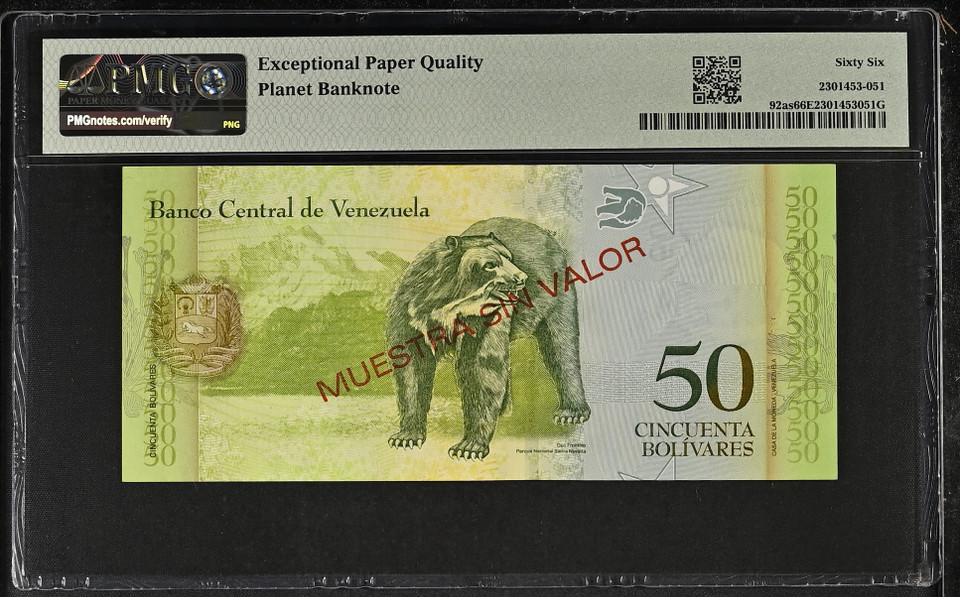 2007 Venezuela 50 Bolivares Specimen P-92as PMG 66 Gem UNC EPQ TOP POP