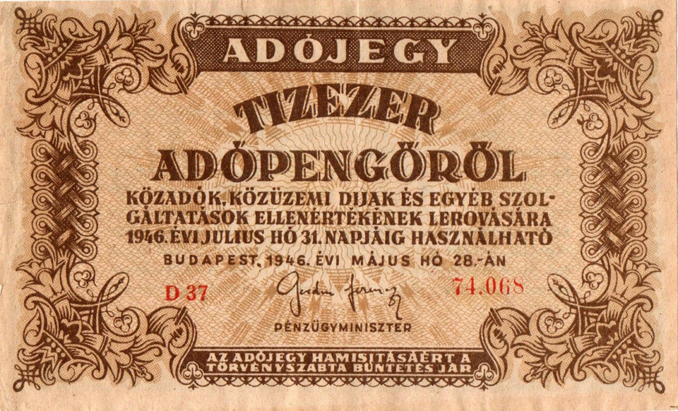 1946 Hungary 10,000 Adópengő Tax Voucher P-143 XF — 20 Septillion Pengő Equivalent