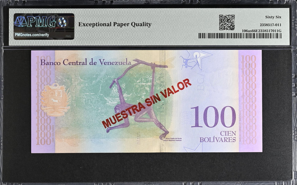 2018 Venezuela 100 Bolívares Specimen PMG 66 EPQ P-106as Planet Banknote Pedigree
