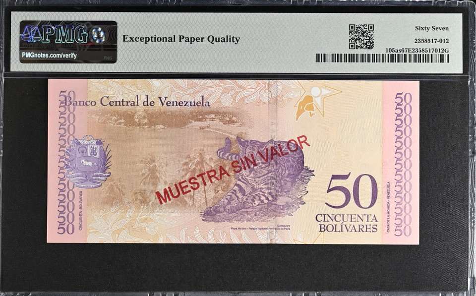 2018 Venezuela 50 Bolivares Specimen P-105as PMG 67 EPQ Planet Banknote Pedigree