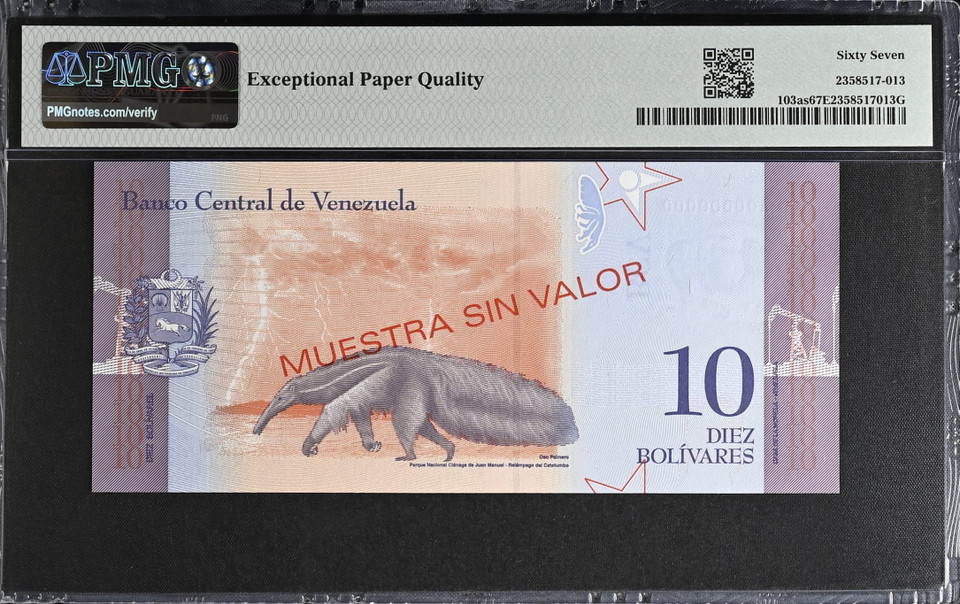 2018 Venezuela 10 Bolivar Specimen PMG 67 EPQ P-103as Planet Banknote Pedigree