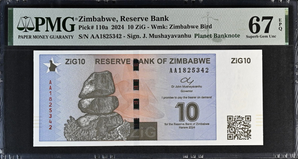 2024 Zimbabwe 10 ZiG P-110a PMG 67 & 2024 Zimbabwe 20 ZiG PMG 67 EPQ P-111a 2-Note Graded Set