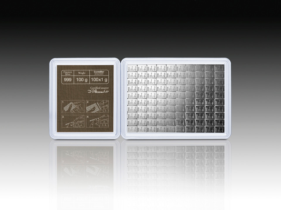 Valcambi 100 x 1 Gram Silver CombiBar/PrepperBar (3.215 oz.) with Assay Card Valcambi 100 x 1 Gram Silver CombiBar/PrepperBar (3.215 oz.) with Assay Card