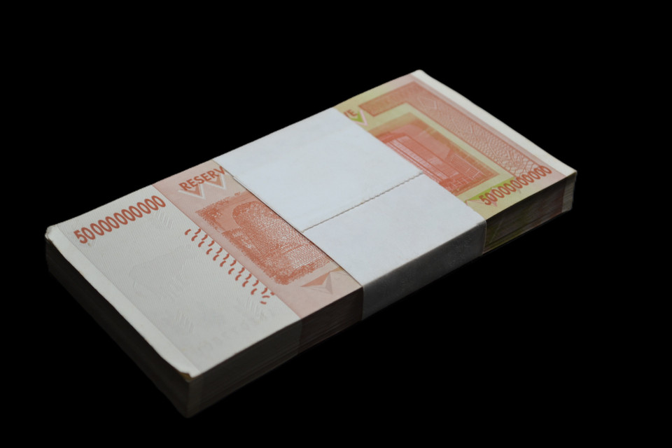 2008 Zimbabwe 50 Billion Dollar UNC Pack of 100 Consecutive Notes, Minor Bend on Bottom Note