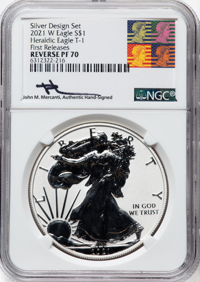 2021-W/S Silver Eagle Dollar NGC PR70 Reverse Proof Design Set FR Hang Sig Set