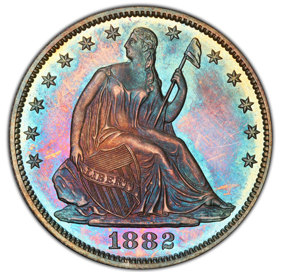 1882 Half Dollar Misplaced Date WB-102 PCGS PR66+ Multicolor Toned Proof Rare