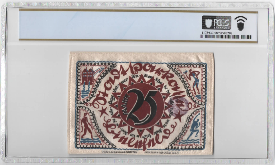 1921 Germany Bielefeld Notgeld 25 Mark on Silk Cloth PCGS 58 PPQ – Rare Textile Issue