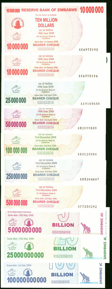 2008 Zimbabwe 1 Cent–100 Trillion Dollar Complete 79-Piece Set P-61–91, Agro & Bearer Cheques UNC