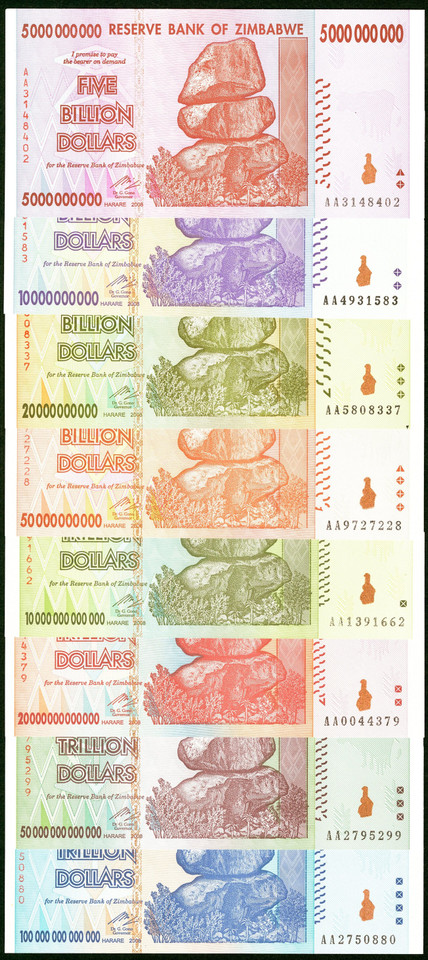 2008 Zimbabwe 1 Cent–100 Trillion Dollar Complete 79-Piece Set P-61–91, Agro & Bearer Cheques UNC