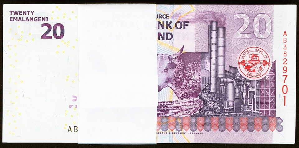 2017 Swaziland 20 Emalangeni Central Bank Bundle of 100 Notes UNC P-37c Crisp
