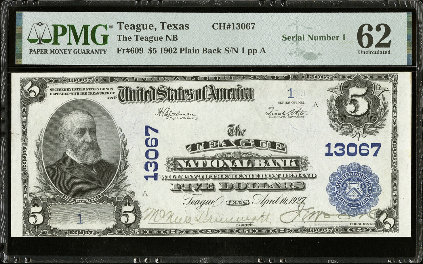 1902 $5 Plain Back Teague National Bank Texas PMG 62 Unc Double Serial 1 - Front