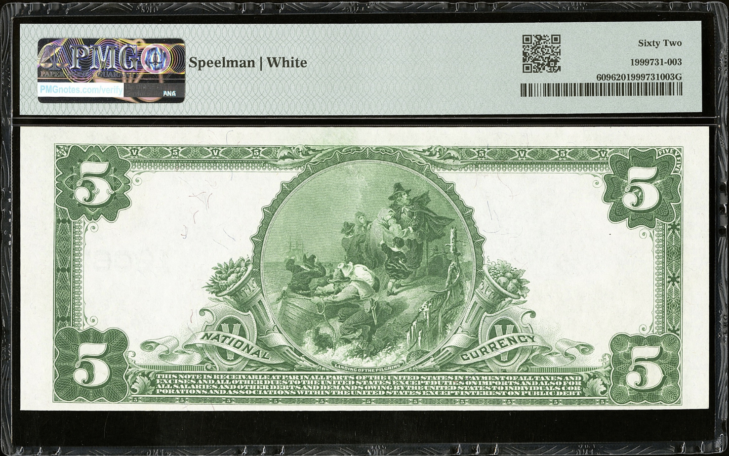 1902 $5 Plain Back Teague National Bank Texas PMG 62 Unc Double Serial 1 - Reverse