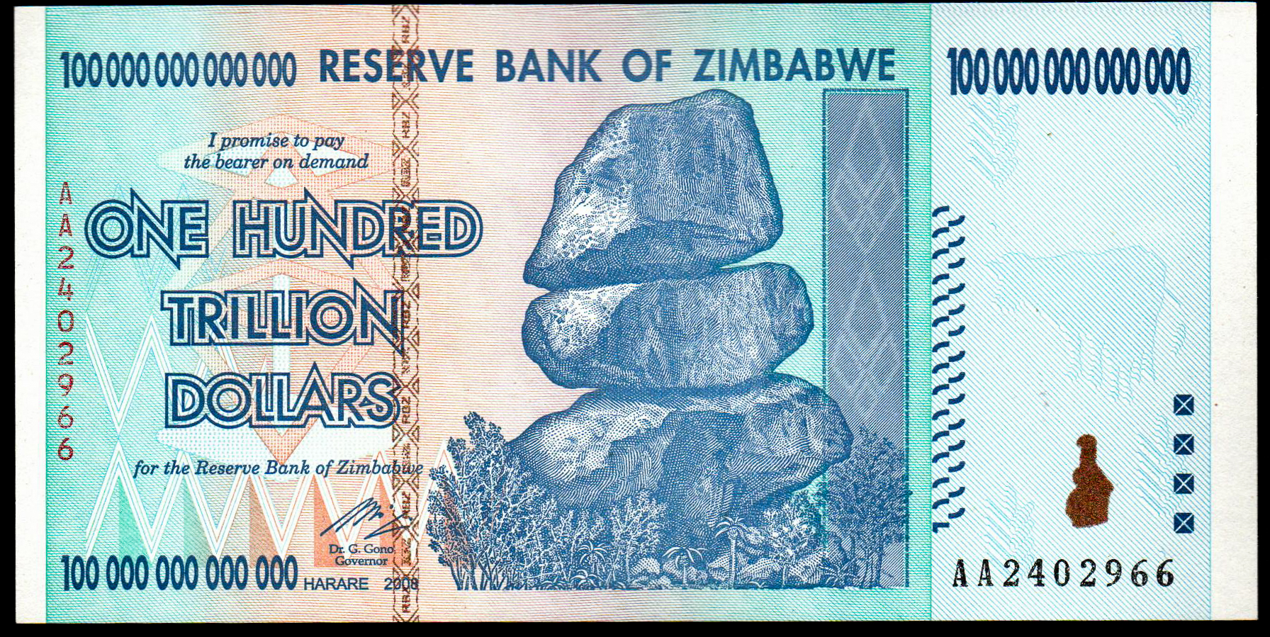 Zimbabwe 100 Trillion Dollar Banknote 2008 AA UNC P-91