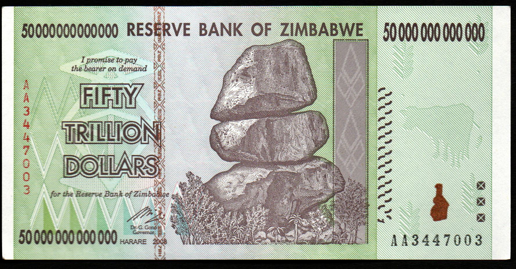 Zimbabwe 2008 50 TRILLION DOLLARS BANKNOTE, AA P-90 New UNC 100