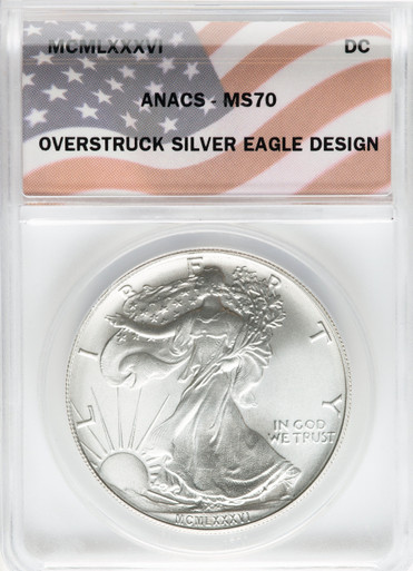 1986 Overstruck Silver Eagle Design 1 oz DC Dollar ANACS MS70 Roman Date