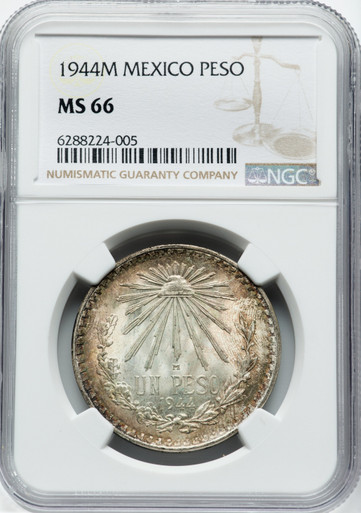 1944 Mexico Silver Peso NGC MS66 Liberty Cap Radiant Design Gem High Grade