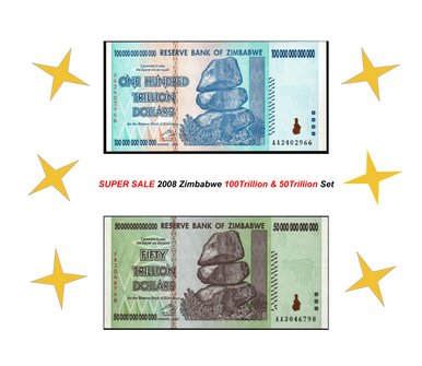 2008 Zimbabwe 100 Trillion & 50 Trillion Dollar Banknotes P-91 & P-90 UNC Hyperinflation Set