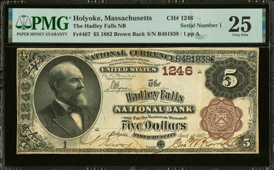 1882 UNITED STATES Holyoke MA $5 Brown Back National Currency Fr.467 Hadley Falls NB CH#1246 PMG VF25 SERIAL #1