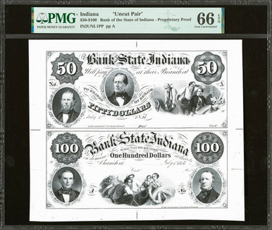 1857 Indiana $50-$100 Bank of the State Uncut Proof Pair PMG 66 EPQ Gem Uncirculated Rare
