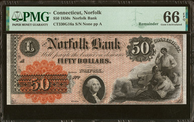 1850s Connecticut Norfolk Bank $50 PMG 66 EPQ Remainder Note Gem Uncirculated