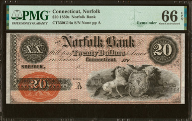 1850s Connecticut Norfolk Bank $20 PMG 66 EPQ Remainder Note Gem Uncirculated