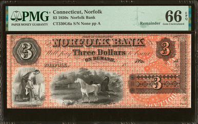 1850s $3 Connecticut Norfolk PMG 66 EPQ Bank Remainder Note Gem Uncirculated