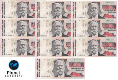 1991 Argentina 500,000 Australes/Peso Banknote Lot (10 pcs) P-338 Hyperinflation Era Circulated Notes