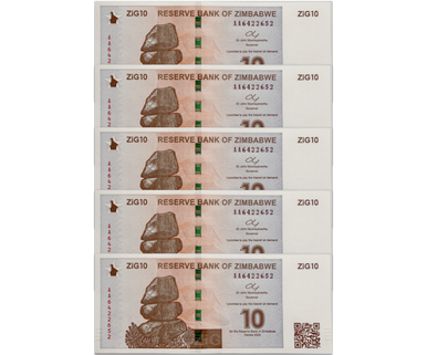 2024 Zimbabwe 10 ZiG x5 Banknote Set (50 ZiG Total) New Currency Uncirculated