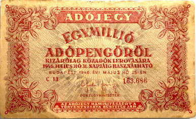 1946 Hungary 1,000,000 Adopengo (1 Septillion) Pick-140a Circulated XF