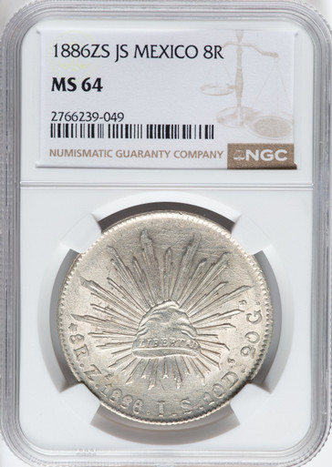 1886 Mexico Silver 8 Reales Zacatecas Zs-JS NGC MS64 Cap & Rays