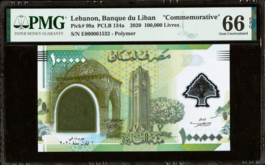 2020 Lebanon 100000 Livres Polymer 100 Years Greater Lebanon PMG 66 EPQ P-99a Commemorative