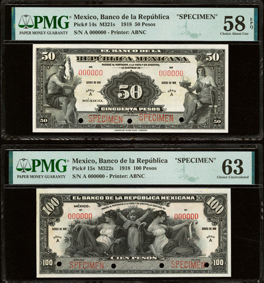 1918 Mexico 50 & 100 Pesos Specimen Set Banco de la Republica Mexicana PMG 58–63 ABNC