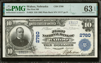 1902 Wahoo Nebraska $10 National Bank Note Fr 624 Ch 2780 PMG 63 EPQ McKinley Plain Back