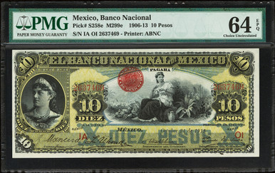 1913 Mexico Banco Nacional de Mexicano 10 Pesos M299e PMG 64 EPQ Rare Low Pop