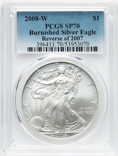 2008-W 1oz Silver Eagle Burnished Reverse of 2007 PCGS SP70 Key Variety Rare