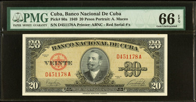 1949 Cuba 20 Pesos Banco Nacional PMG 66 EPQ Gem UNC Pick 80a Antonio Maceo