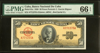 1950 Cuba 50 Pesos Banco Nacional PMG 66 EPQ Gem UNC Pick 81a Calixto García