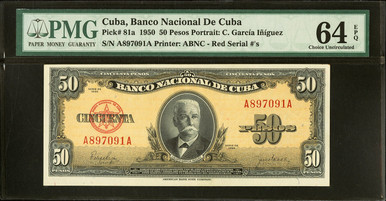 1950 Cuba 50 Pesos Banco Nacional PMG 64 EPQ Ch Unc Pick 81a Calixto Garcia Iniguez