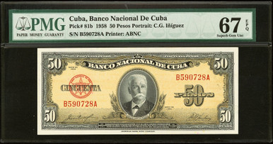 1958 Cuba 50 Pesos Banco Nacional PMG 67 EPQ P-81b Calixto Garcia Pre-Revolution Note