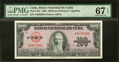1950 Cuba 100 Pesos Banco Nacional PMG 67 EPQ P-82a F. Aguilera ABNC Pre-Revolution Type Note