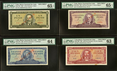 1961 Cuba Banco Nacional Specimen Set 1–100 Pesos PMG 63-65 P-94s 97s 98s 99s