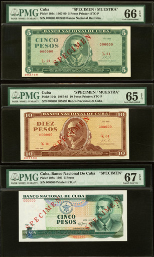 1967-1991 Cuba Banco Nacional Specimen 5 & 10 Pesos P-103s 104s 108s PMG 3-Note Set